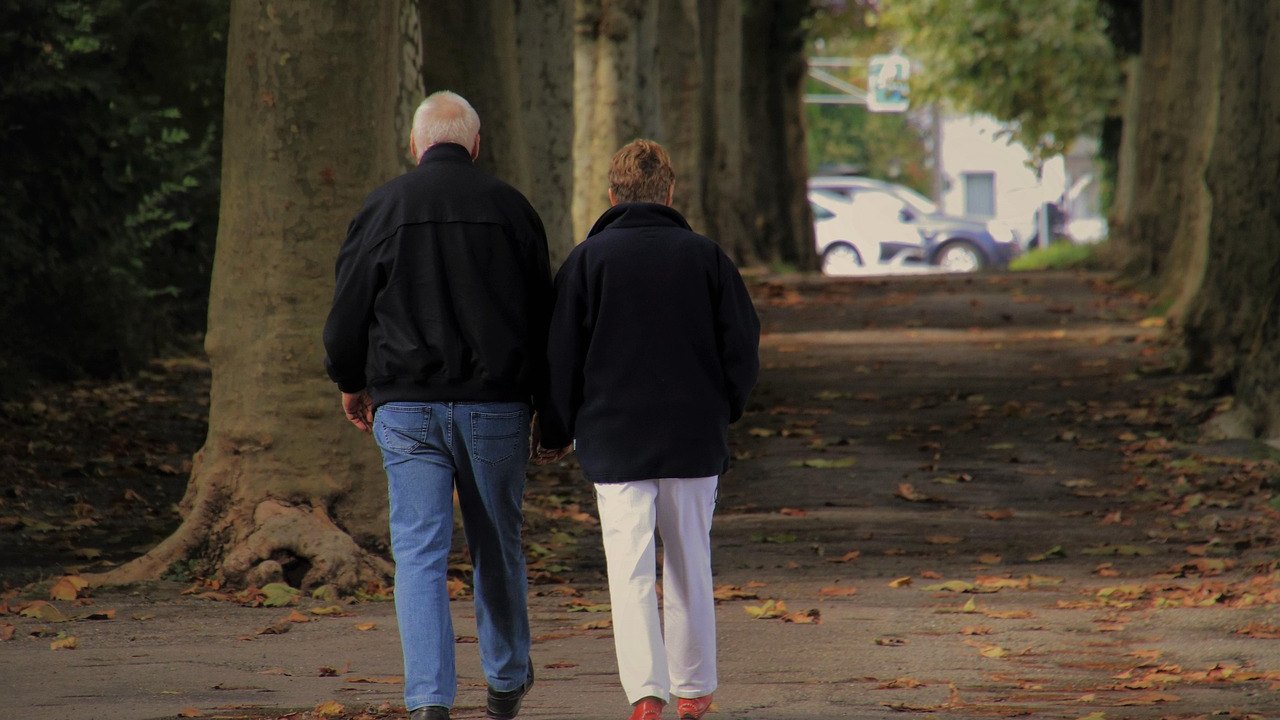 senior couple walking in park