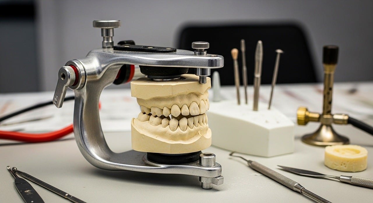 dental tools and tooth model on desk